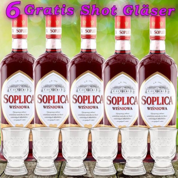 5x Soplica Kirsche Wodka Likör Wisniowa Vodka 28% vol. 500ml + 6 Original Gläser