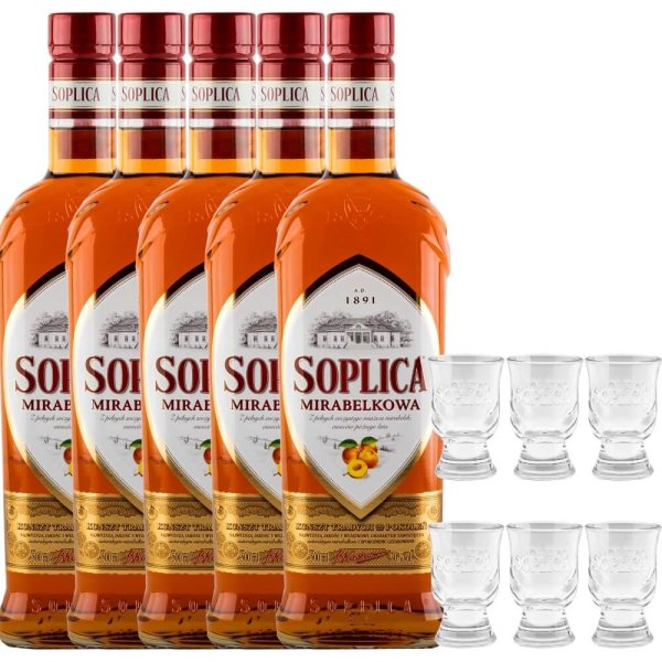 5x Soplica Mirabelle Wodka Likör Mirabelkowa Vodka 28% vol. 500ml + 6 Original Gläser