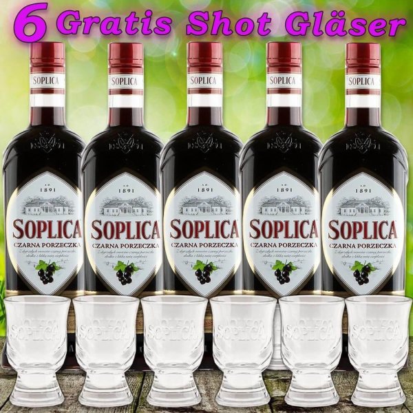 5x Soplica schwarze Johannisbeere Wodka Czarna Porzeczka Vodka 28% vol. 500ml + 6 Original Gläser