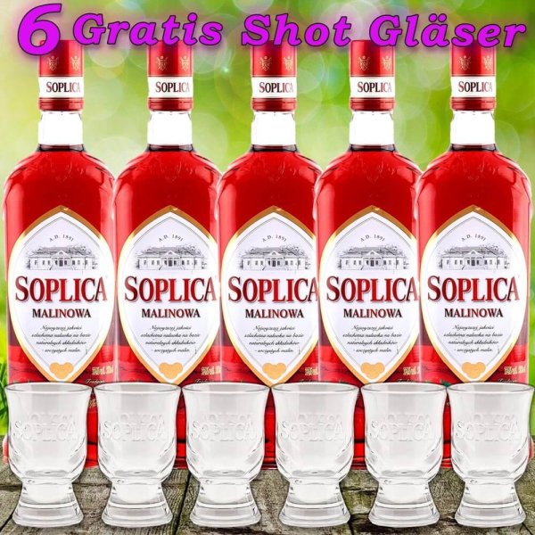 5x Soplica Himbeere Wodka Likör Malinowa Vodka 28% vol. 500ml + 6 Original Gläser