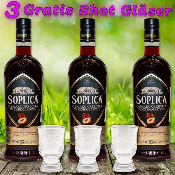 3x Soplica mit Haselnuss in Schokolade Likör 25% Vol. 500ml + 3 Gläser Gratis