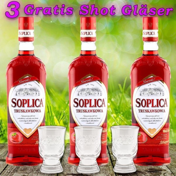 3x Soplica Erdbeer Likör Truskawkowa 28% vol. 500ml + 3 Gläser Gratis