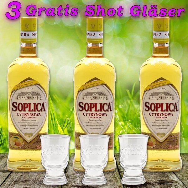 3x Soplica Zitrone Wodka Likör Cytrynowa Vodka 28% vol. 500ml + 3 Gläser Gratis