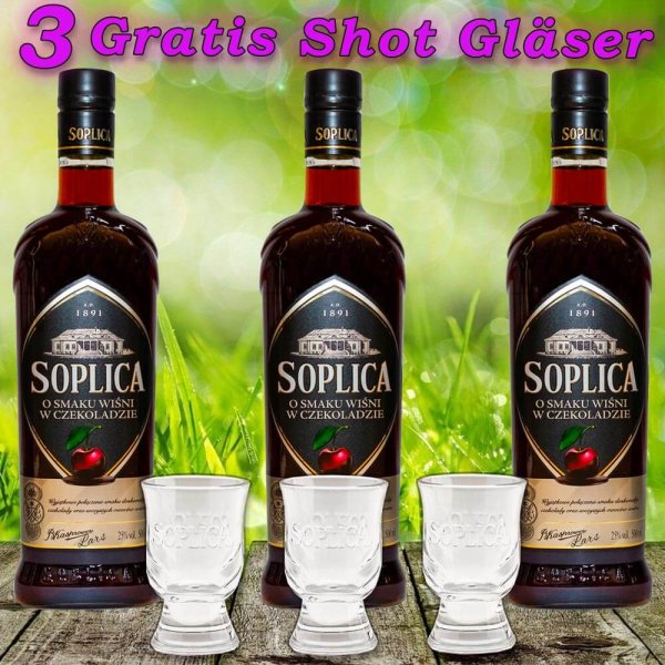 3x Soplica mit Kirsche in Schokolade Likör 25% Vol. 500ml + 3 Gläser Gratis