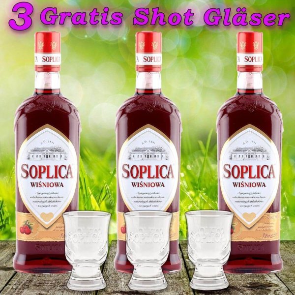 3X Soplica Kirsche Likör Wisniowa 28% vol. 500ml + 3 Gläser Gratis